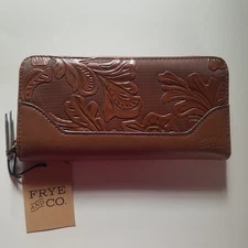 FRYE and CO. Tooling Embossed Womens Zip Around Wallet Cognac Vegan Leather NWT