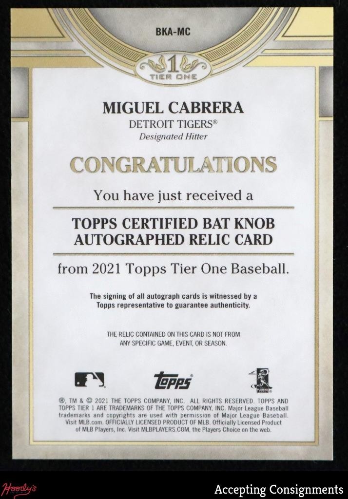 2019 Topps Tier One Miguel Cabrera GAME-USED BAT KNOB RELIC ON CARD AUTO 1/1 view 2