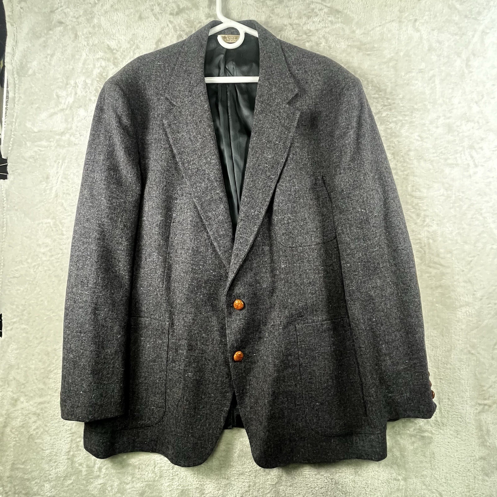 New England Collection Blazer Mens 48R Gray Wool Tweed Suede Elbow Patch VTG USA