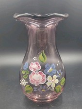 Fenton Glass Designed Vase for Teleflora Purple Amethyst Hand Painted Flowers 8"