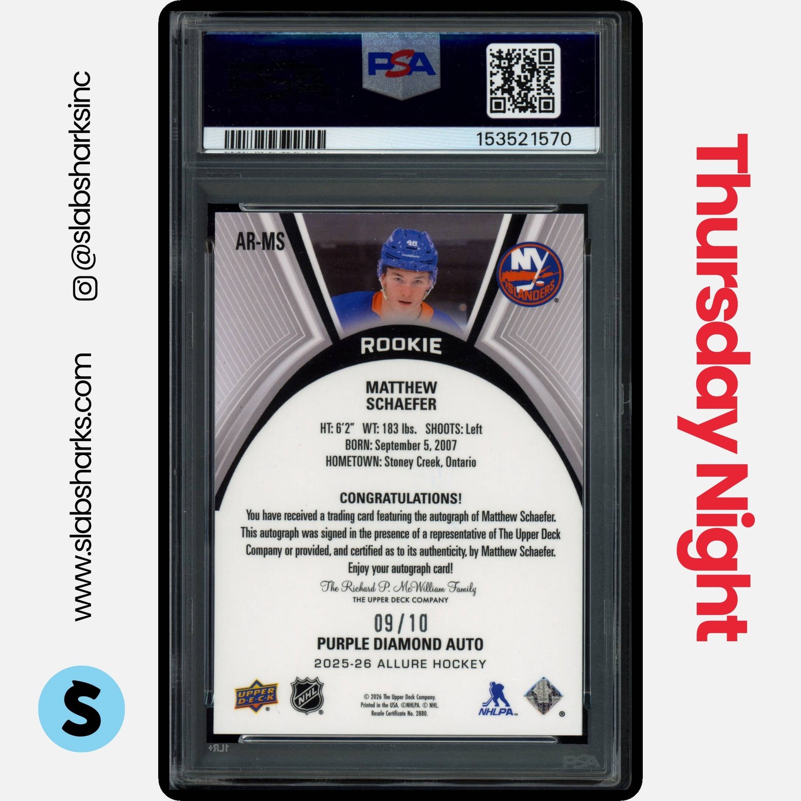 2025 UD ALLURE MATTHEW SCHAEFER ROOKIE AUTO PURPLE DIAMOND RC /10 PSA 10 POP 1 view 2