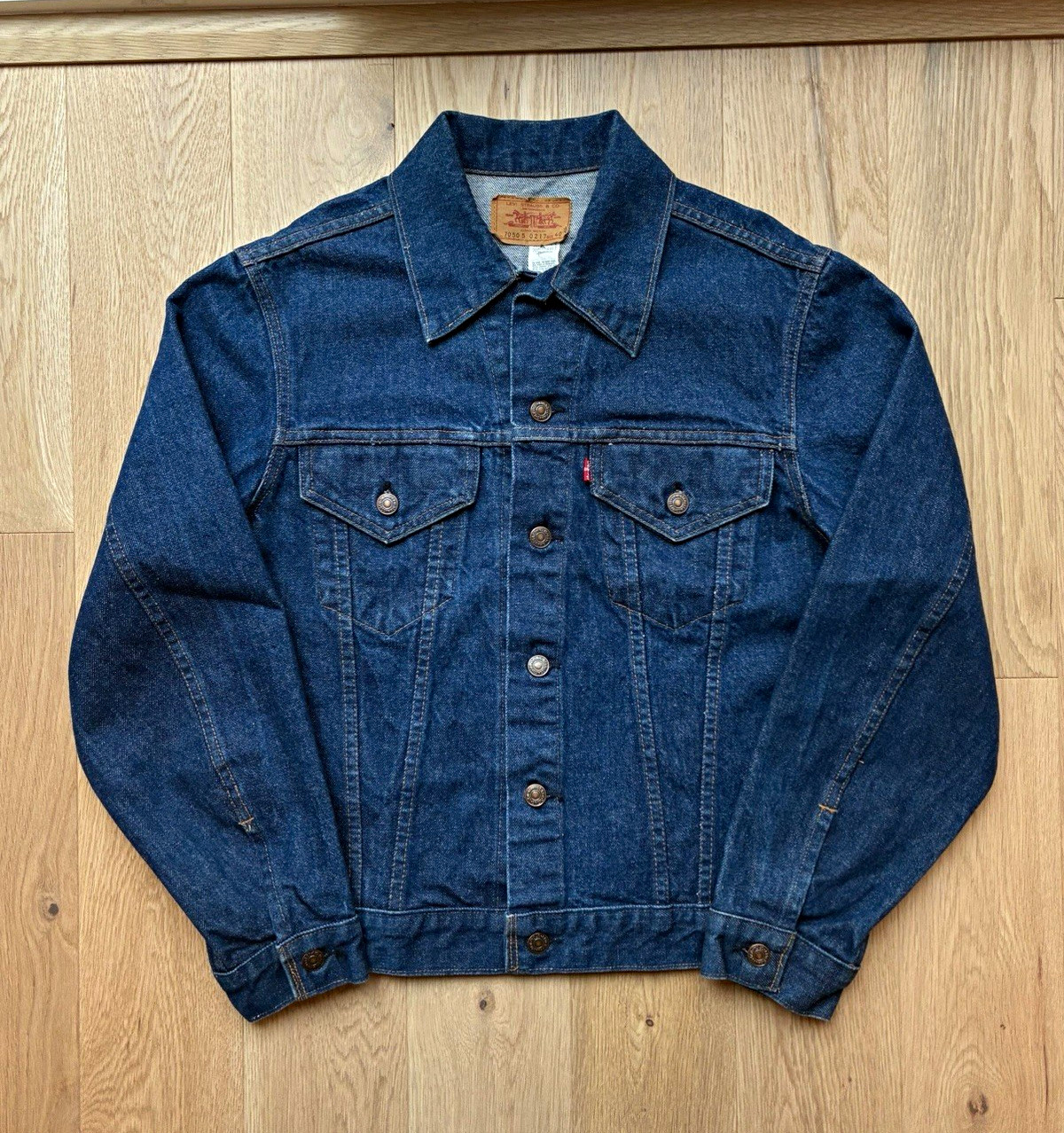 Dark indigo denim trucker jacket with classic Type 3 western yoke seams