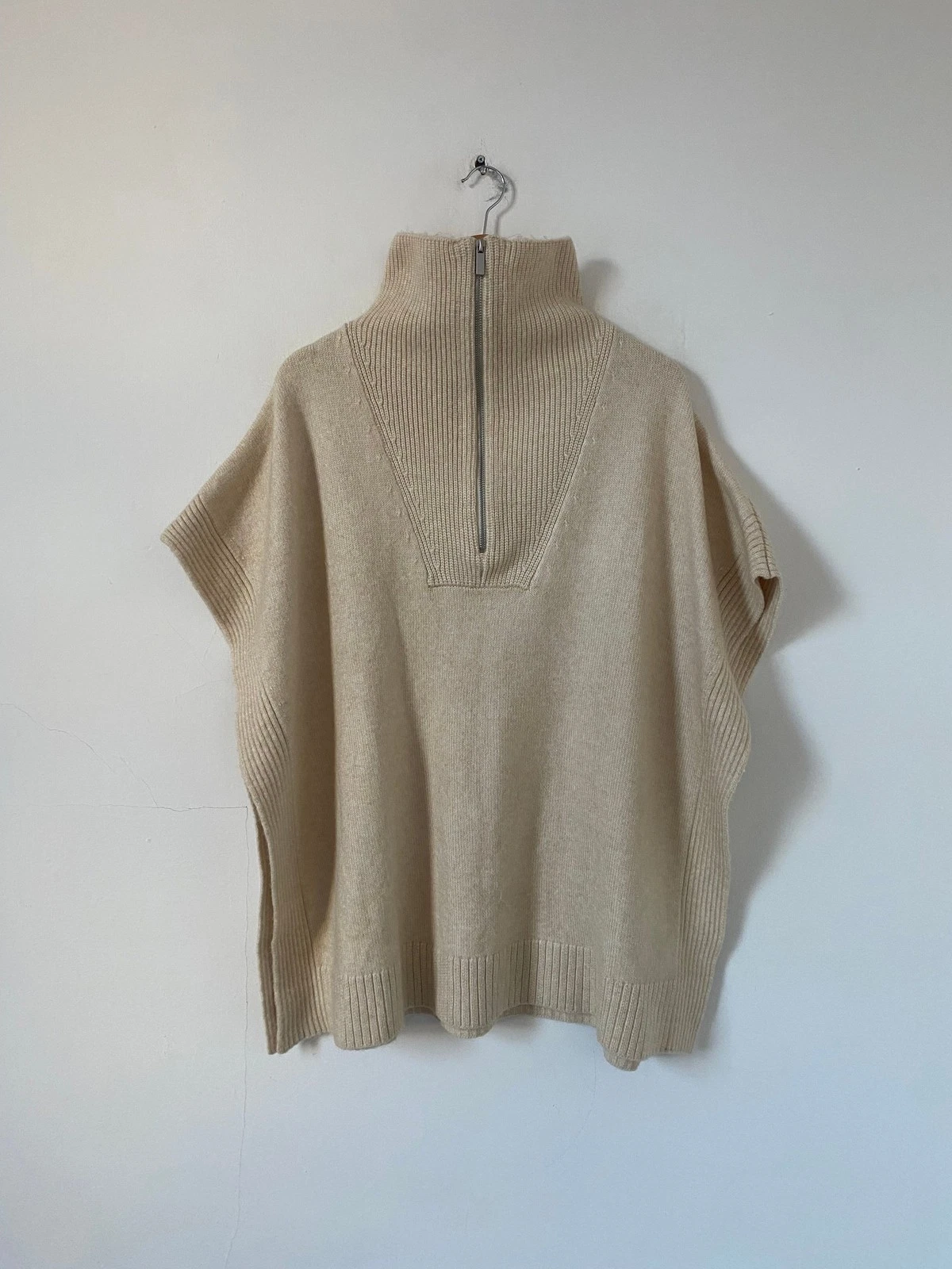 H&M Poncho Jumper XS Beige Wool Mix Zip High Neck Casual