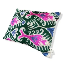 $198 Les Ottomans Pink Green Silk Velvet Reversible Throw Cushion Décor Pillow