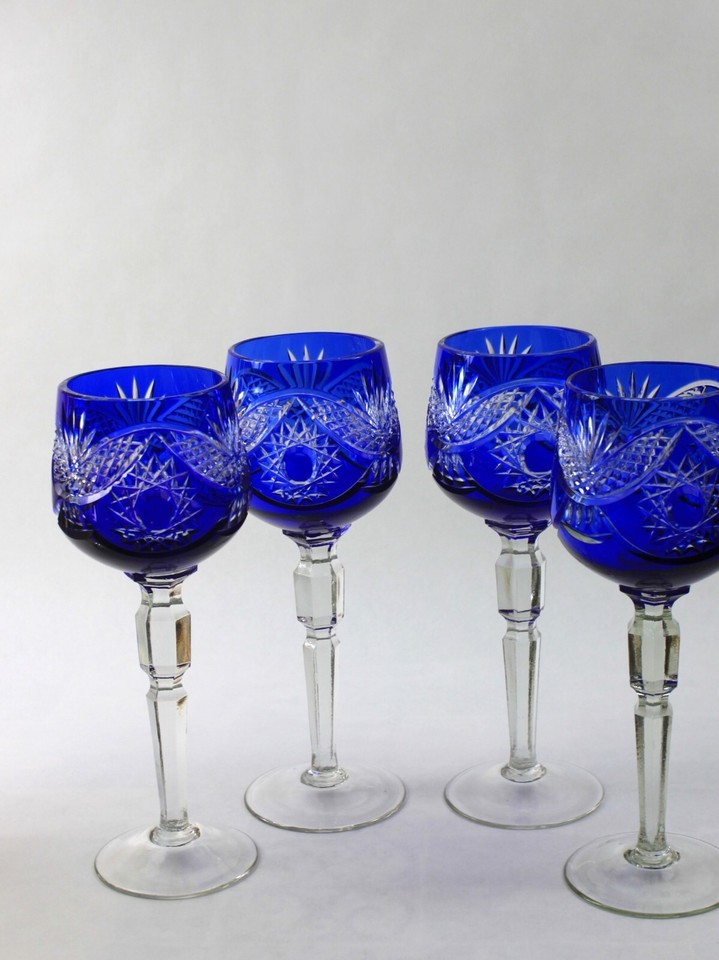 Bohemian Cobalt Blue Cut to Clear Crystal Wine Glass Set eBay