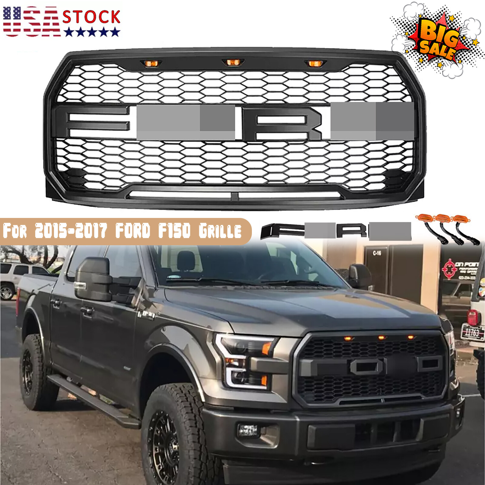 For 2015-2017 Ford F150 Front Grille Raptor Style Matte Black W/Letters & Lights