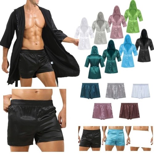 Herren Satin Kurzarm Bademantel Kimono Robe Kleid Nachtwäsche Nachtwäsche Pyjama