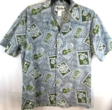 HOWIE Hawaiian Shirt Mens XL Turtle Drums Guitar USA Made Cotton Mix Gray Button