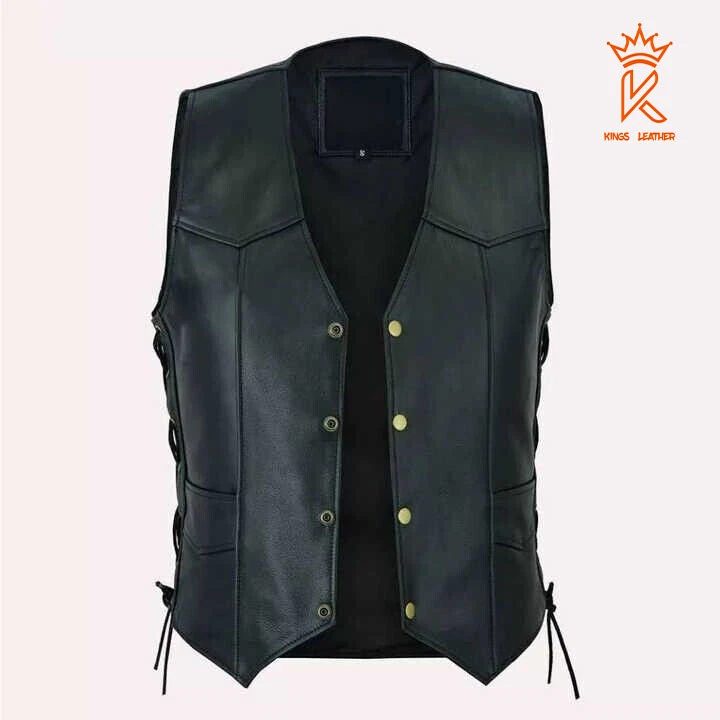Men Black Cowhide Leather Club Motorcycle Vest Side Laces V-Neck Bike Waistcoat