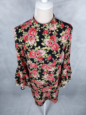 Kleid Indiska Gr. S 36 schwarz rot Blumen Rosen Blusenkleid elegant Party dress