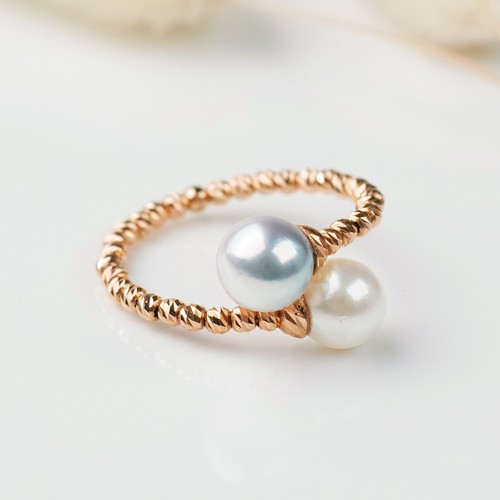 Anillo doble de perlas de mar Akoya de 6,5-6,8 mm oro rosa sólido ajustable con memoria - Imagen 2 de 6