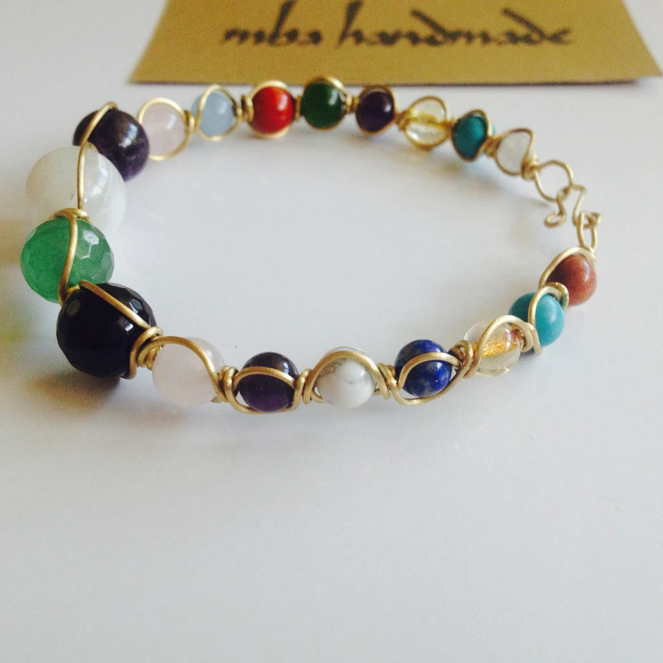 女士手工黄铜串珠手链 - 混合天然宝石 — 第 4/4 张图片