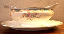 NORITAKE China LURAY GRAVY Boat Plate Base Double Spout 10" FLORAL w GOLD Trim