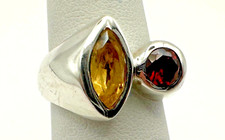 ELEGENT MODERN STERLING SILVER CITRINE/GARNET CUT CRYSTAL TRENDY RING Sz 6.5