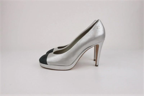 Chanel 15C Cap Toe Platform Pumps Silver Metallic & Black Leather Size 38.5 - Picture 6 of 7