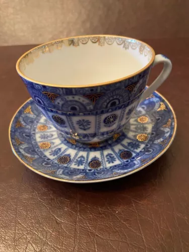 VTG Lomonosov Floral Arches Porcelain Teacup&Saucer-Cobalt & Gold-Rare USSR Mark