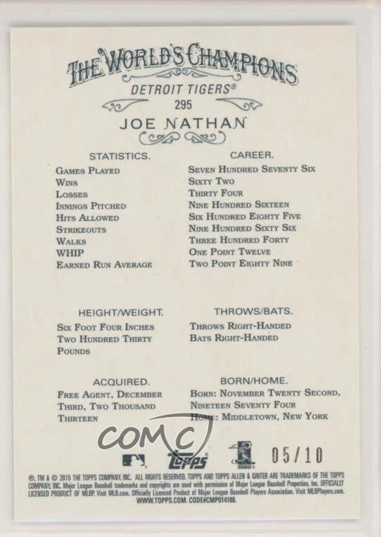 2015 Topps Allen & Ginter's 10th Anniversary /10 Joe Nathan #295 - Image 2 of 2