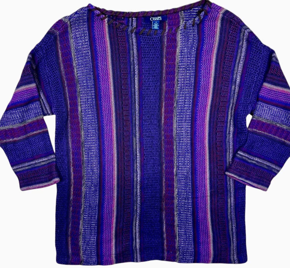 Chaps Women’s Sweater M Boho Knit Striped Purple Pink Retro 90s Style - Image 3 of 3