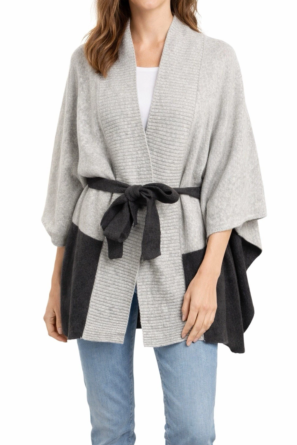 LOFT Ruana Wrap Tie Waist Sweater Large Gray Colorblock Two Tone