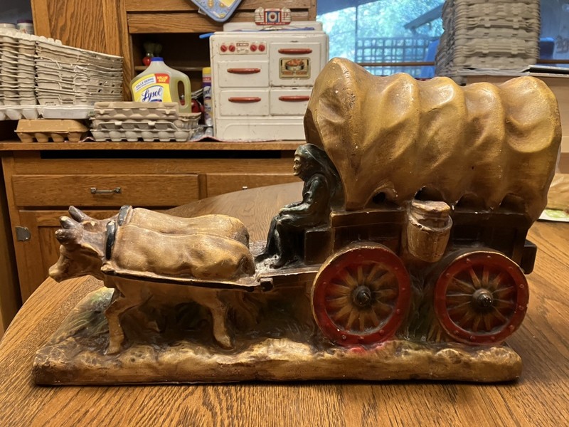 Vintage 1936 FARO Chalkware Lamp - Western Covered Wagon Oxen Team Scene