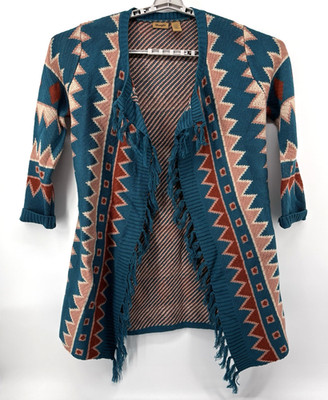 Southwestern Aztec Knit Boho Fringe Cardigan Womens L Navajo Blanket Serape Long