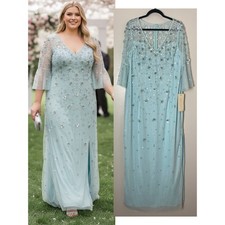 Adrianna Papell Dress 16W Blue Sequin Beaded 3D Floral Mother of the Bride