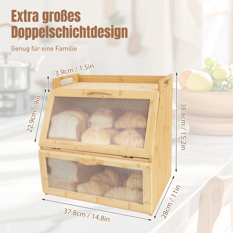 Brotkasten Bambus Brotkiste Brotbehälter , 2 Etagen und Sichtfenster - Bild 3 von 4