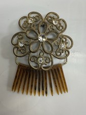 Vintage Ornamental Hair Comb : Wire Flower Rhinestone Hair Piece, Gold Tone