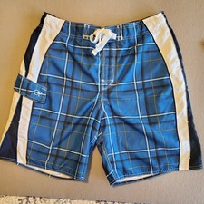 OP Swim Trunks Shorts Elastic Band Draw String Blue Black Gold Plaid Large 36/38