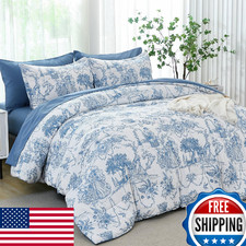 Queen Blue Toile de Jouy Botanical 7-Piece Comforter Set Bed in a Bag