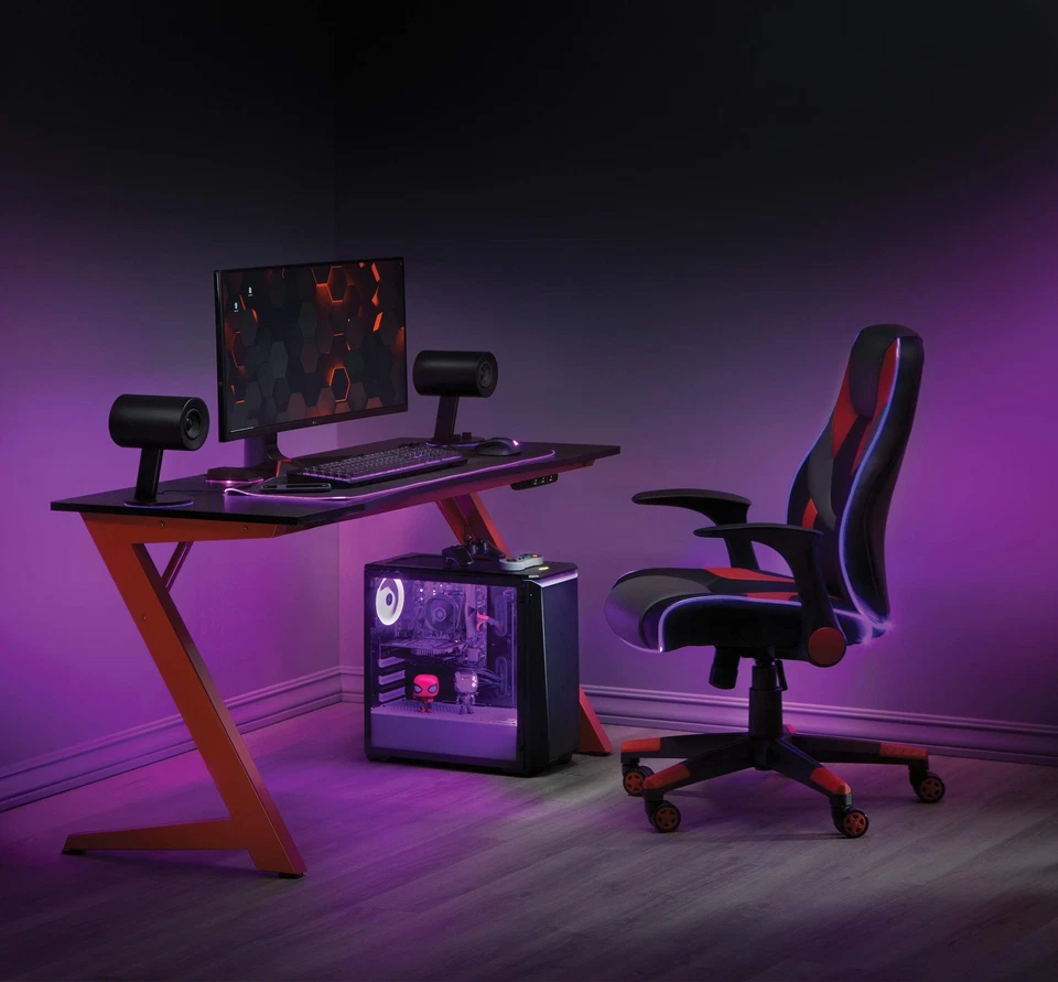 Escritorio para juegos Beta Battlestation con luces LED RGB Bluetooth, rojo mate Foto 3 de 4