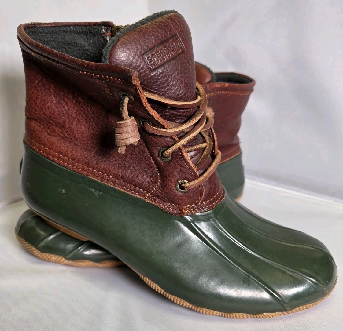 Womens Sperry Ankle Duck Boots Green Rubber Brown Leather Size 8 Waterproof