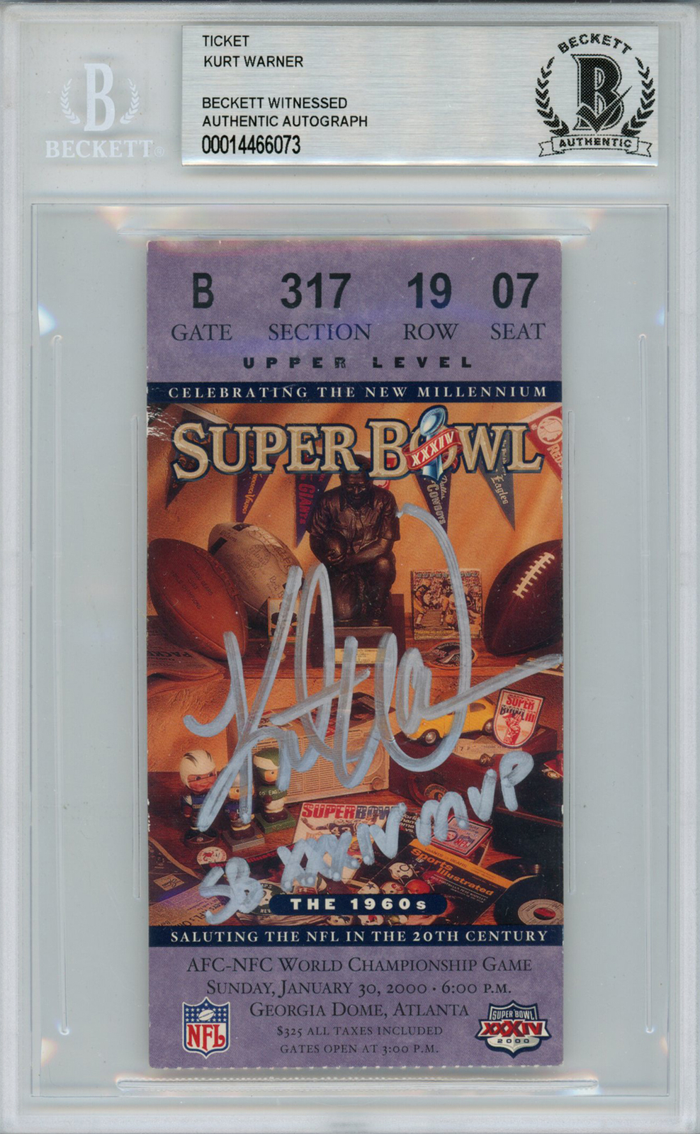 Kurt Warner Autographed Signed Super Bowl Xxxiv Ticket Stub Sb MVP Beckett Slab 36346 