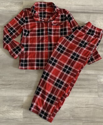 Cabernet Sleep Sense Red Black Pajama Set Women Sz M Plaid Button-Up