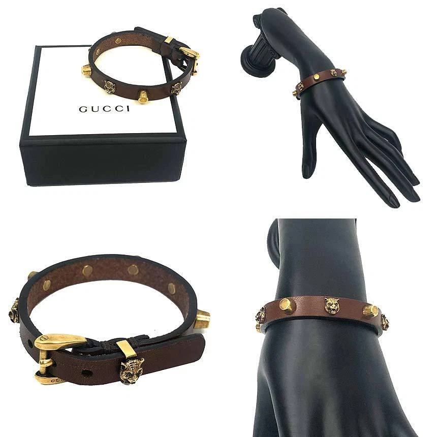 Gucci Cat Head Bracelet S Size Leather Brown x Gold Cat Tiger Head 18.5cm x  1cm