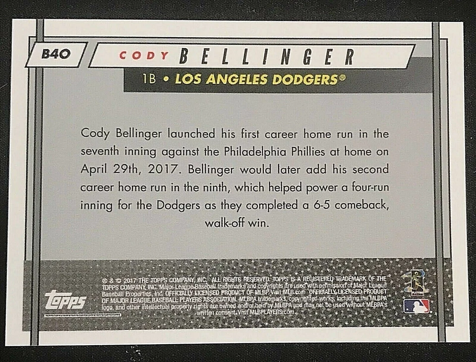 2017 Topps On Demand Rookie Class Cody Bellinger #B40 Orange 1st Career Home Run - Image 2 of 2