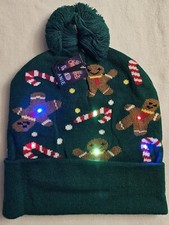 Christmas LED Light Up Beanie With Pom Pom, Gingerbread, Candy Cane