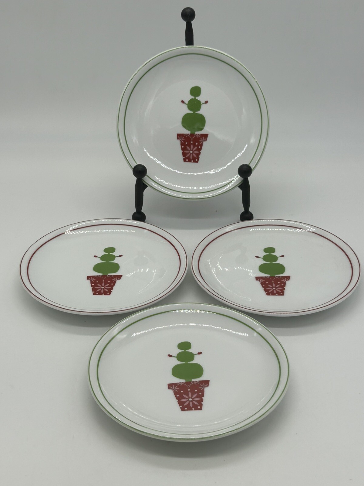 Starbucks 2006 Holiday Snowman Appetizer Plates Set of 4 Christmas Topiary Design
