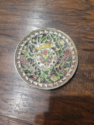 Antique Cloisonne Brass Plate Wall Decor Painted Enamel Double Headed Eagle
