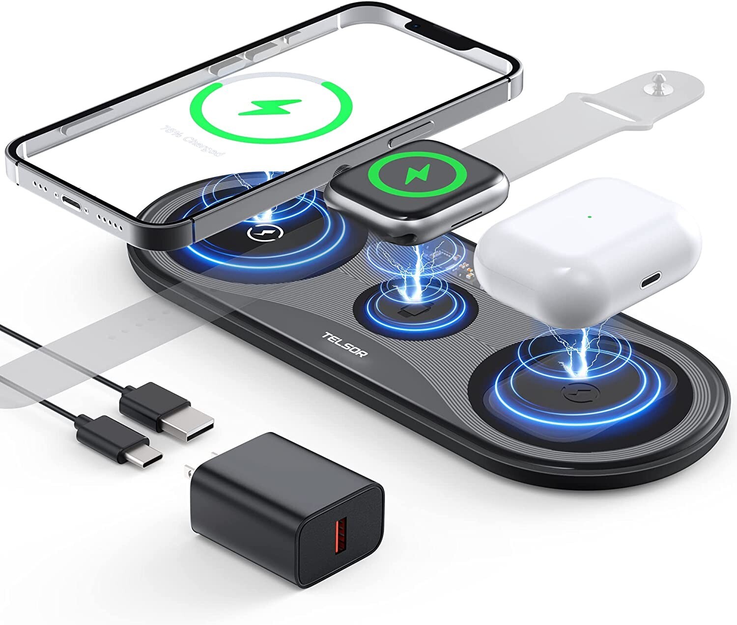 Wireless Charger Charging Station 3In1 For Samsung Apple Watch Air Pods iPhone-image