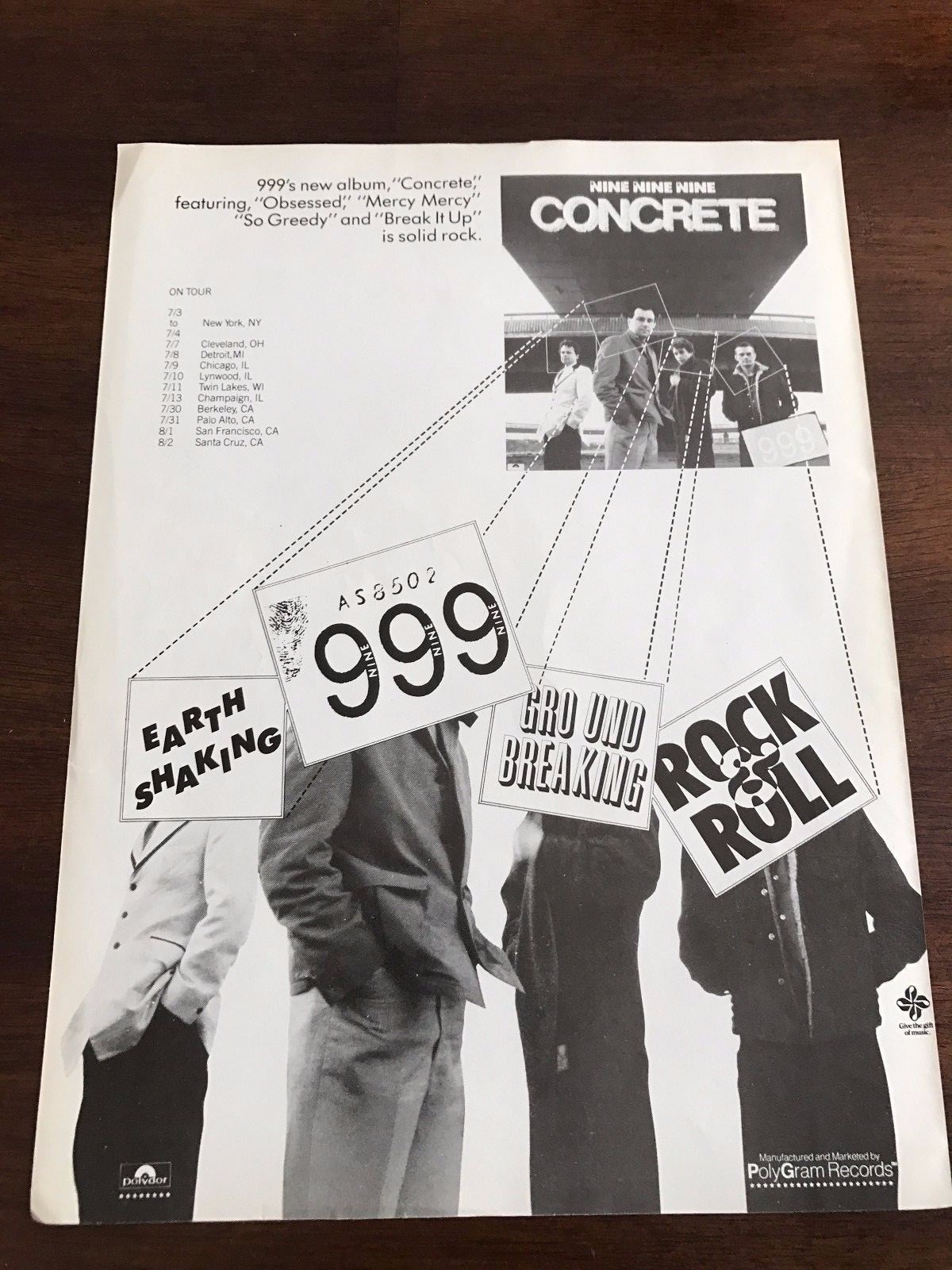 1981 VINTAGE 8X11 PROMO PRINT Ad FOR NINE NINE NINE 999 