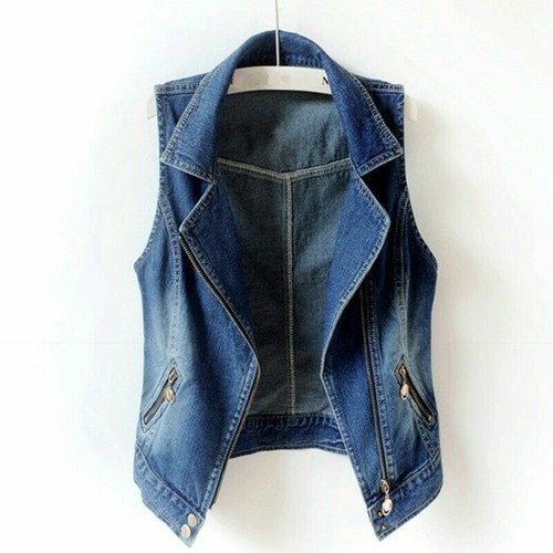 Women Gilet Denim Sleeveless Cardigan Jacket Waistcoat Coat Vest Tank Zip - Picture 7 of 10