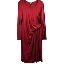 J Jill Dress Size Small Faux Wrap Solid Red Stretch Pullover Long Sleeves