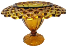 Vintage Amber Glass Compote Pedestal Dish Footed Bowl Vase Lace Lattice 5 3/4" T