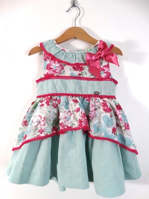 Dolce Petit Girls Spanish Linen Designer Dress Mint and Pink Age