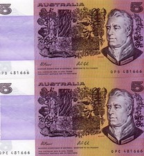 1991 AUSTRALIAN R213L $5 Fraser/Cole UNC UNIQUE SAME SERIAL PAIR QPB/QPC 481666