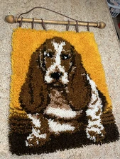 1970s Hanging Basset Hound Latch Hook Rug Kit National Yarn Crafts 27”x 22”