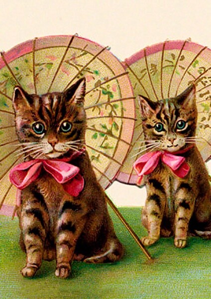 Parasols - Art Blank Greeting / Birthday Card - Cats Kittens Vintage Mdm Treacle