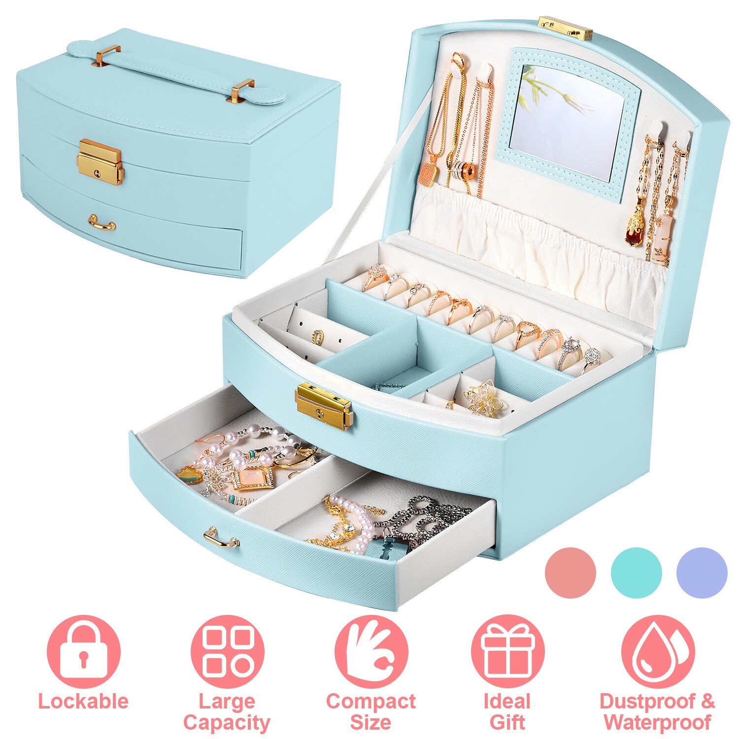 2-Layer Leather Jewelry Box Organizer for Necklaces, Rings, and Large Storage-image