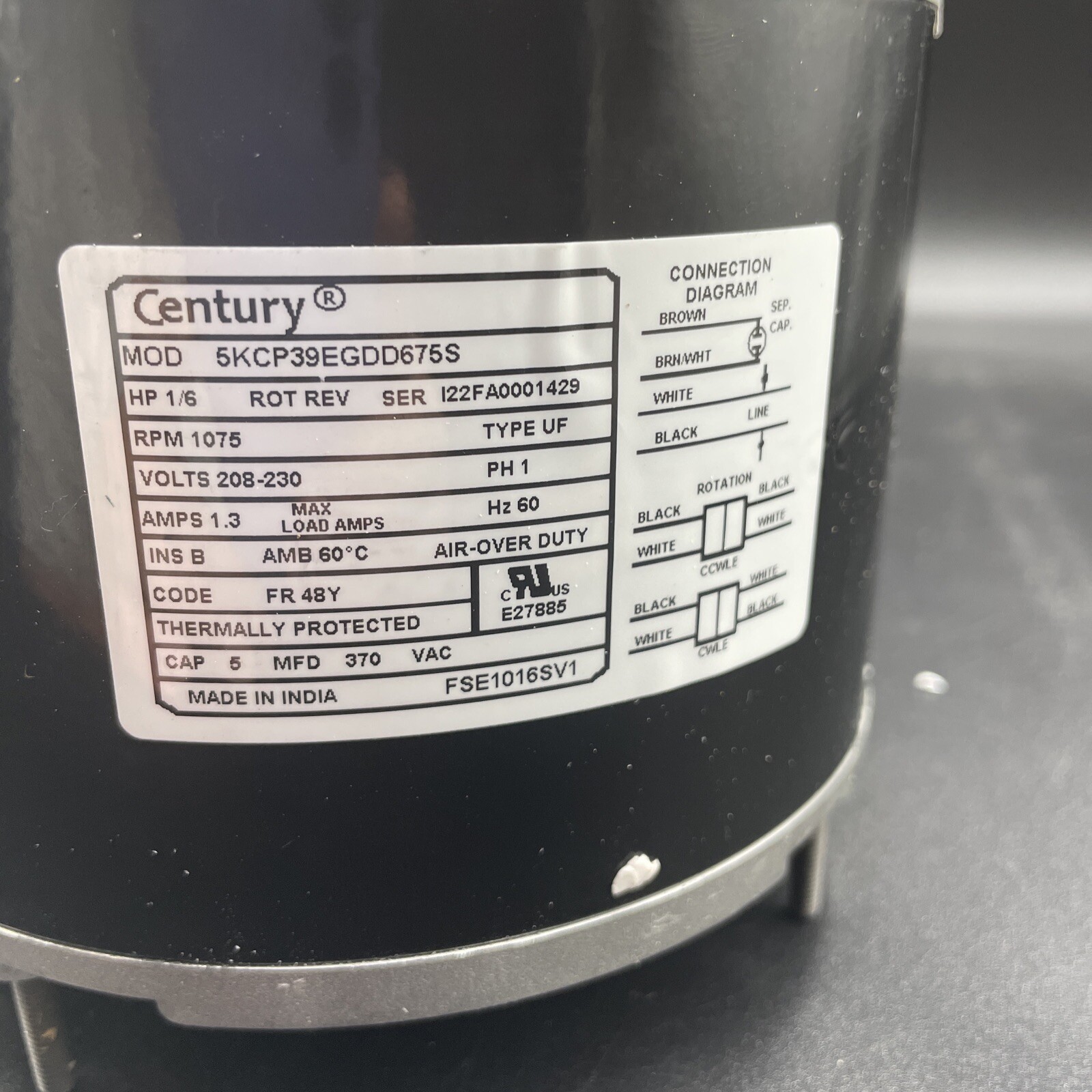 New! Century 1/6HP Condenser Fan Motor FSE1016SV1